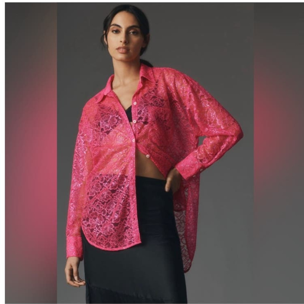 New By Anthropologie Pink Metallic Lace Buttondown Shirt size Med